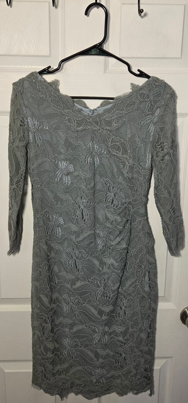 MICHAA Korean Designer Sage Gray Floral Lace Sheath Dress Scalloped Hem